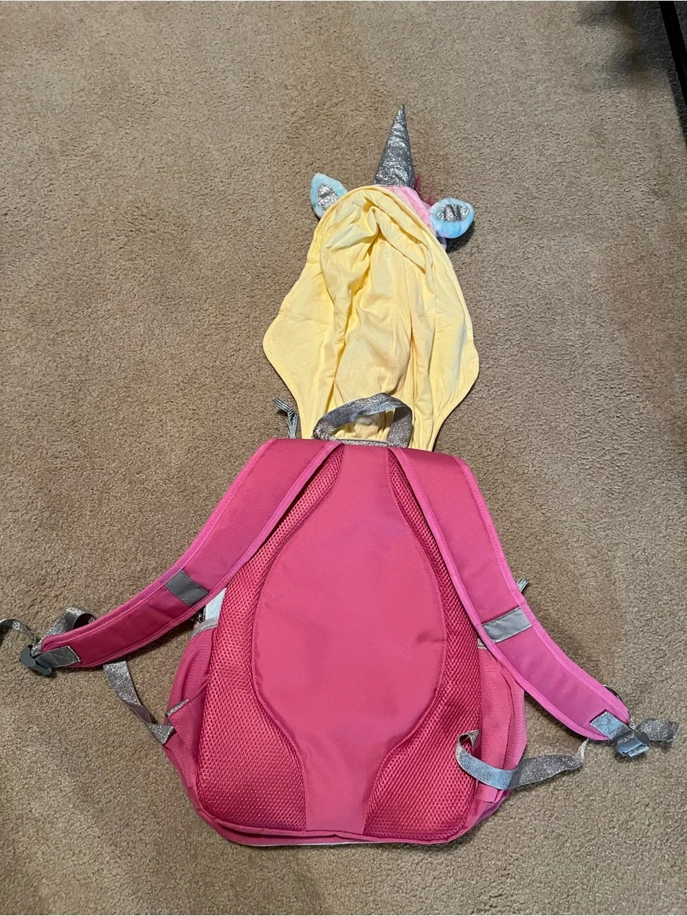 Unicorn Hoodie Tie-Dye Backpack with Pink Mane. Like New. Measurements in photos